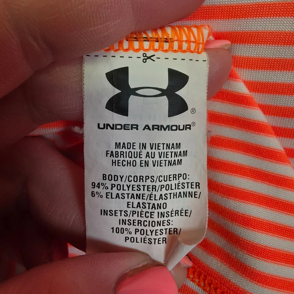 Under Armour Golf Polo Shirt Mens XL Orange Green Striped Stretch Sports Outdoor